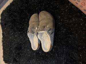 Birkenstock Boston Suede Shearling Clogs in Stone Coin